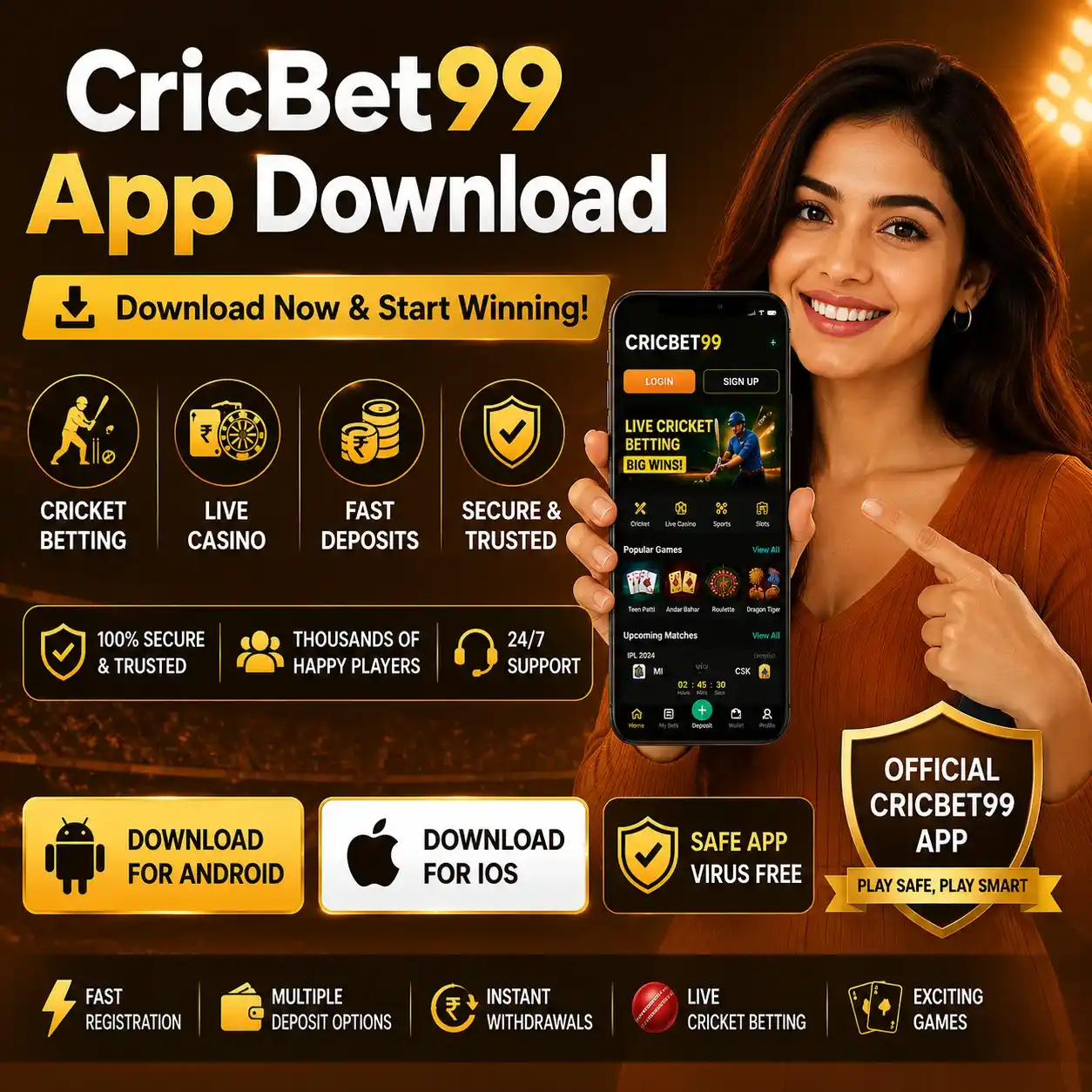 CricBet99 app home screen on an Android phone